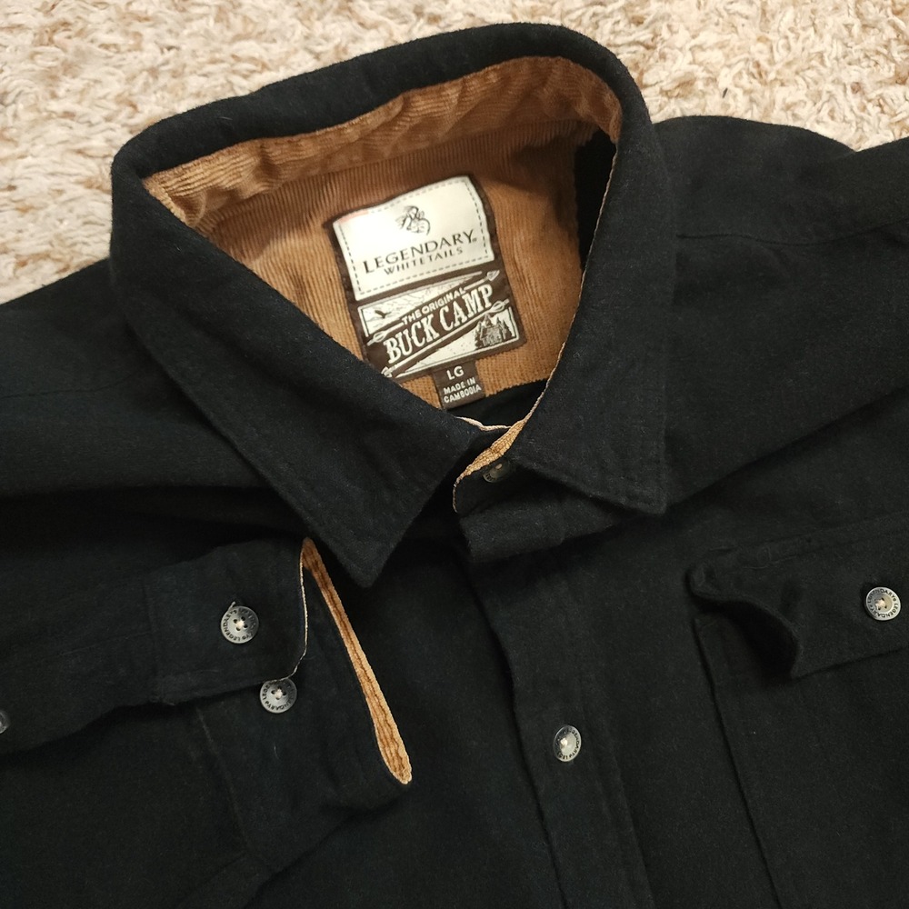 Legendary Whitetails Buck Camp Flannel Shirt Mens LG Black Corduroy Trim Cotton